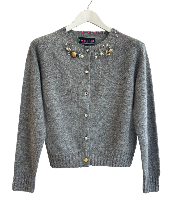 Embellished Crew Neck Cardigan - Grey