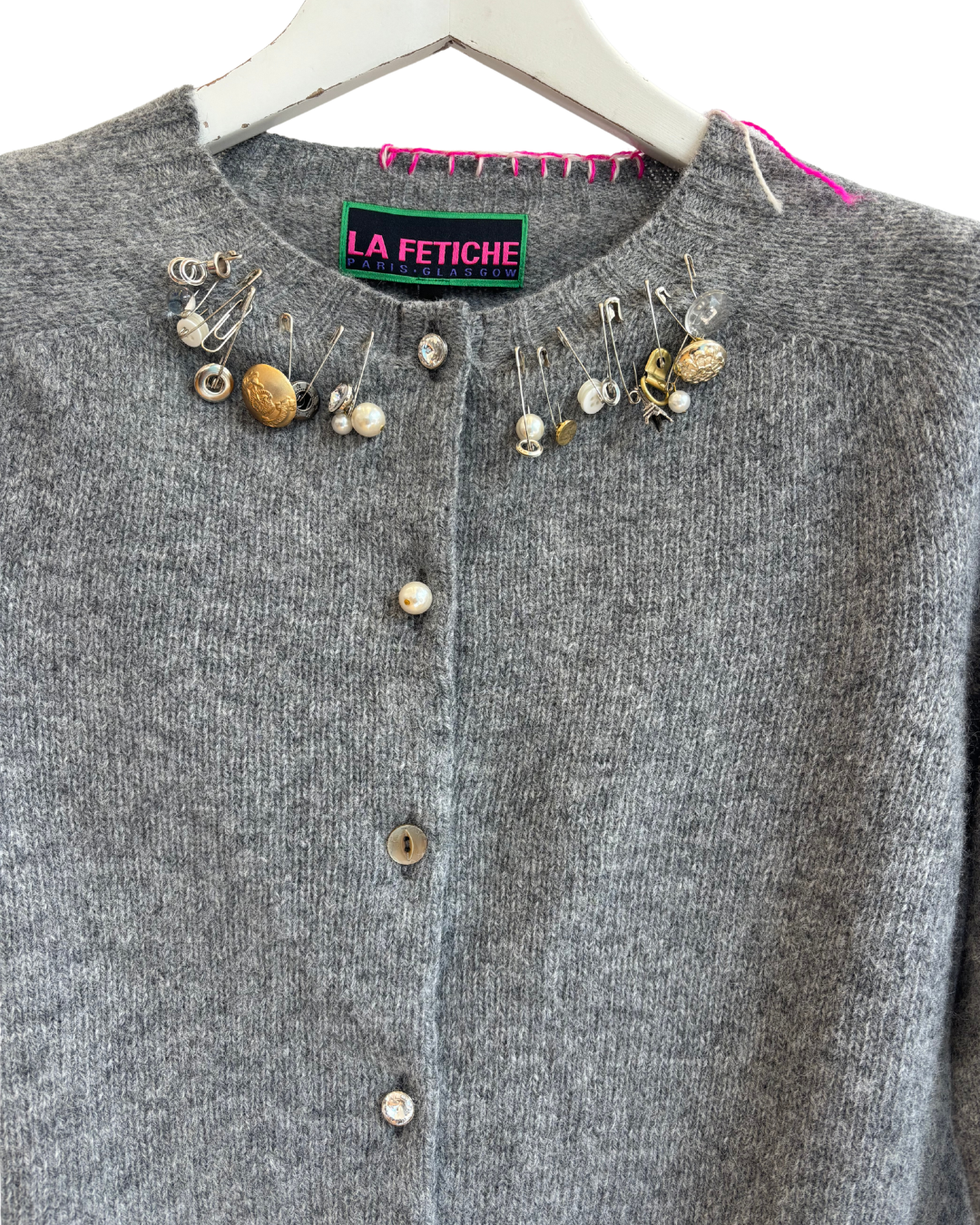 Embellished Crew Neck Cardigan - Grey