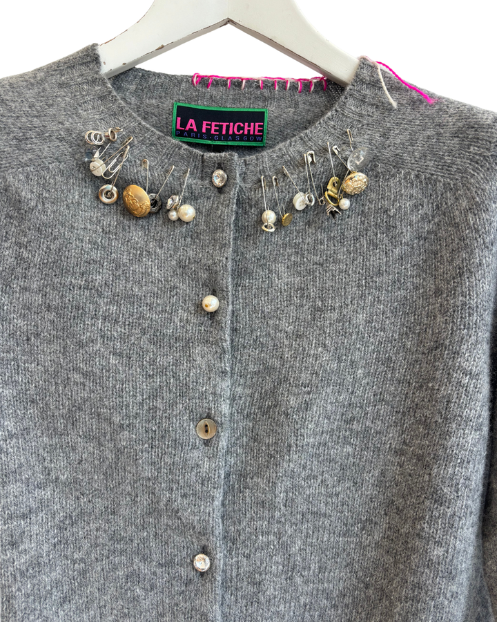 Embellished Crew Neck Cardigan - Grey