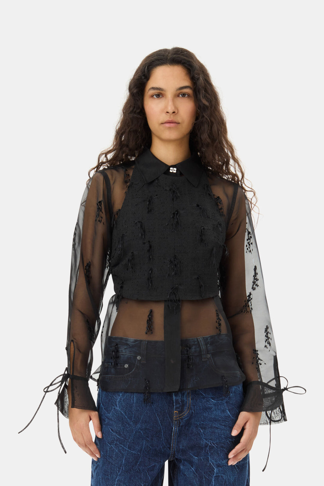 Fringed Organza Shirt - Black