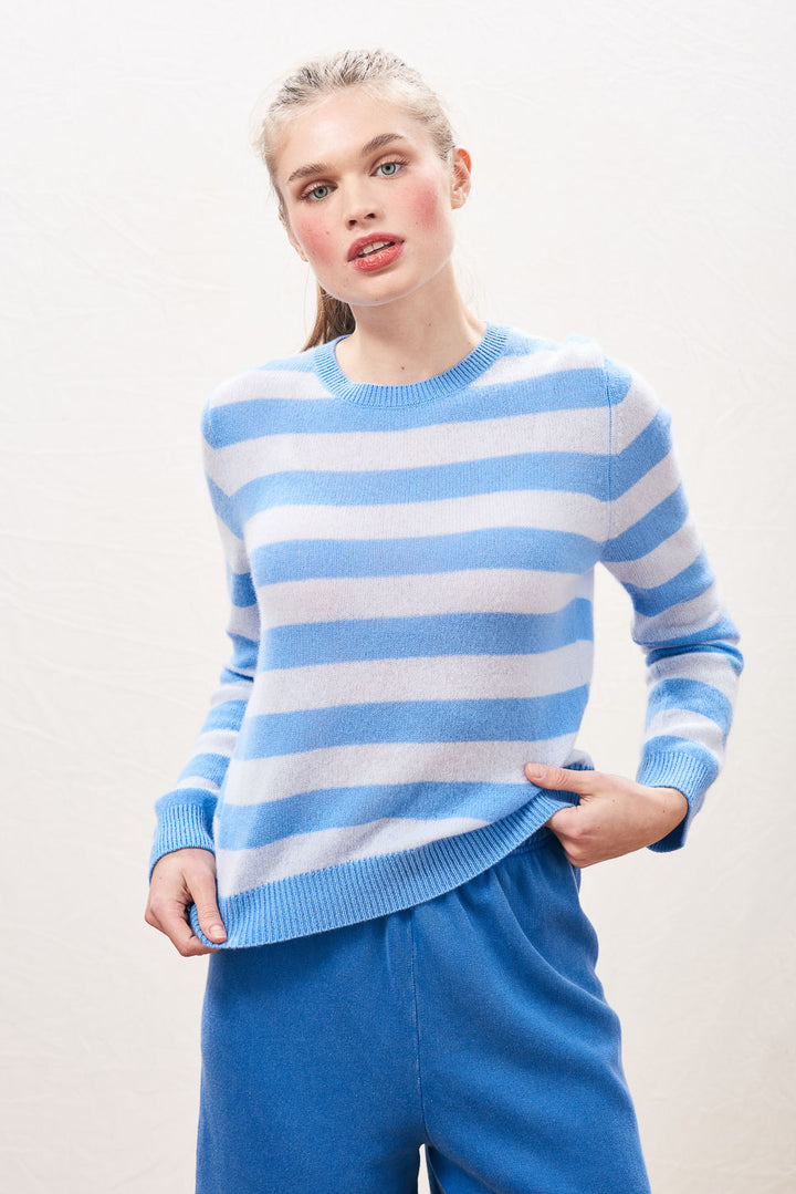 Stripe Cashmere Crew - Skylar/Azure