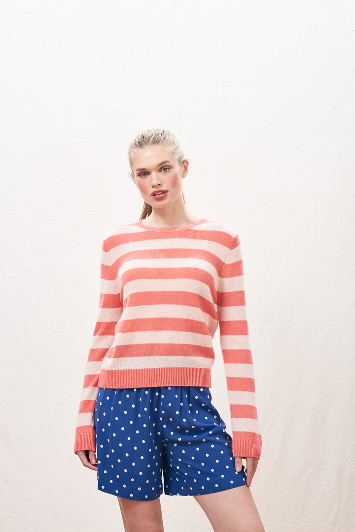 Stripe Cashmere Crew - Cerise/Powder Puff