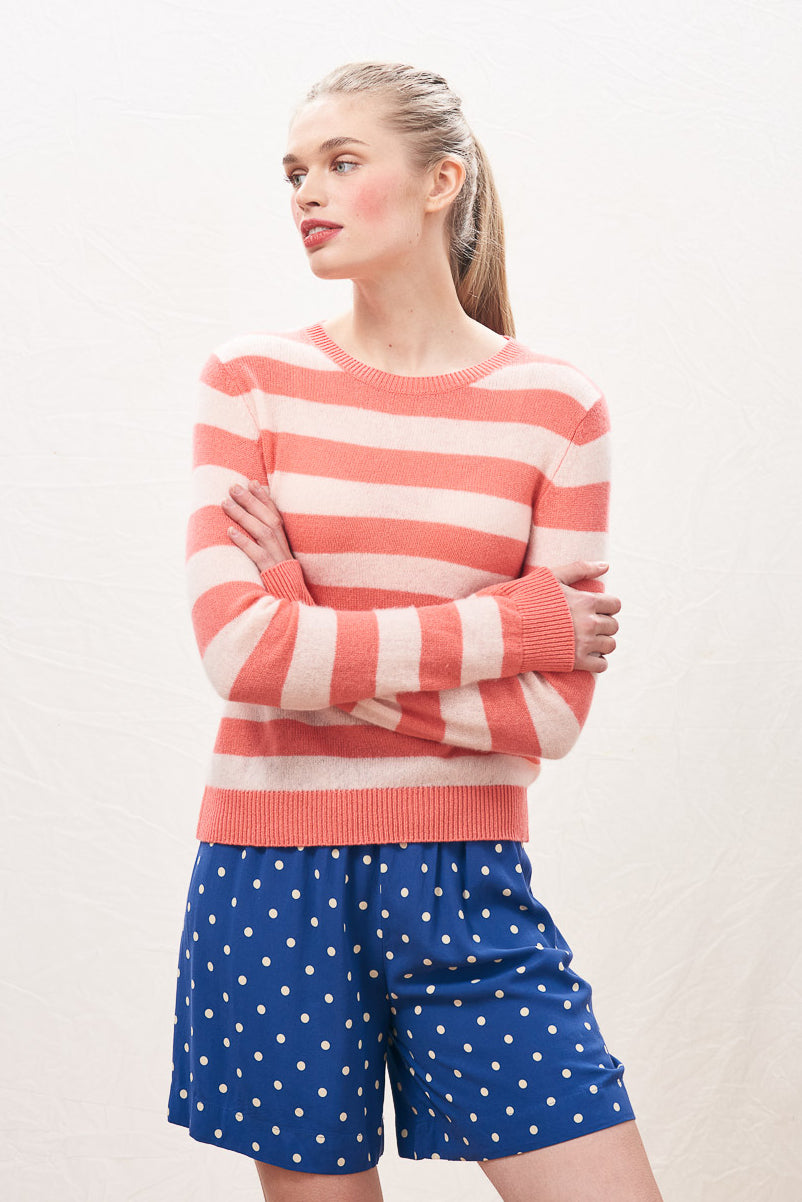 Stripe Cashmere Crew - Cerise/Powder Puff