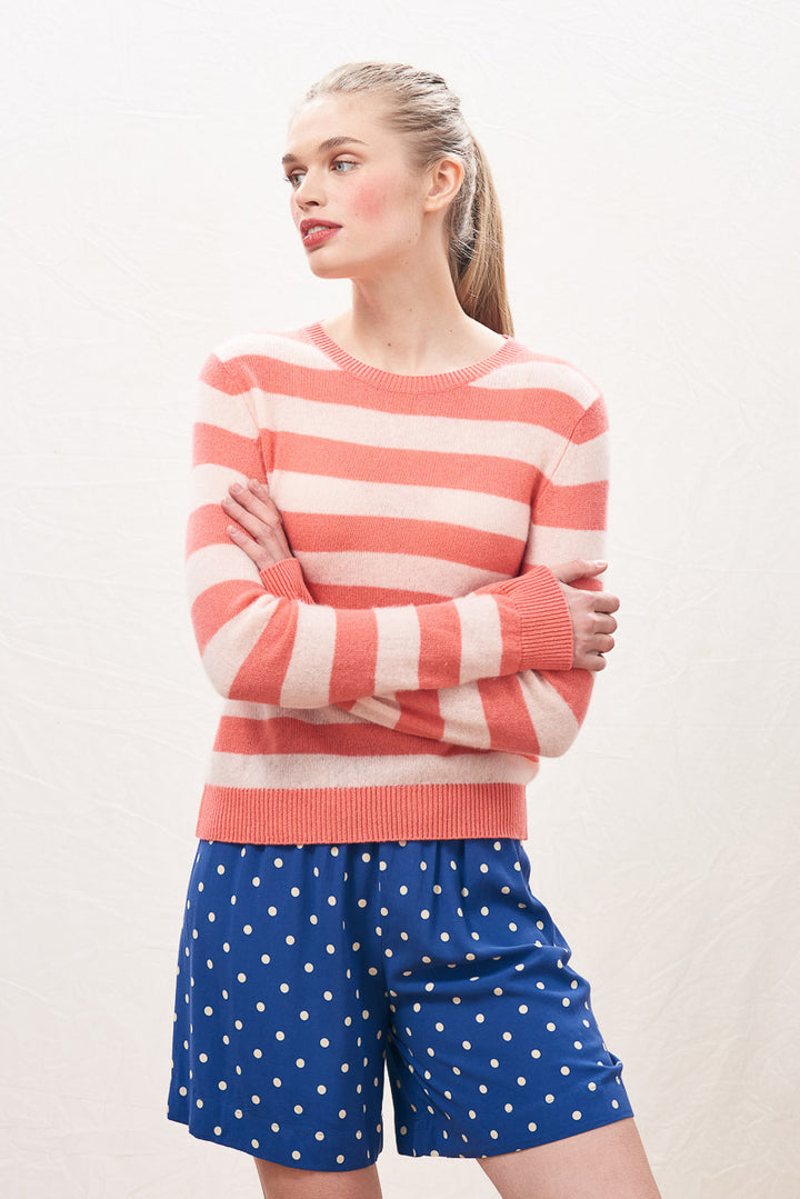 Stripe Cashmere Crew - Cerise/Powder Puff