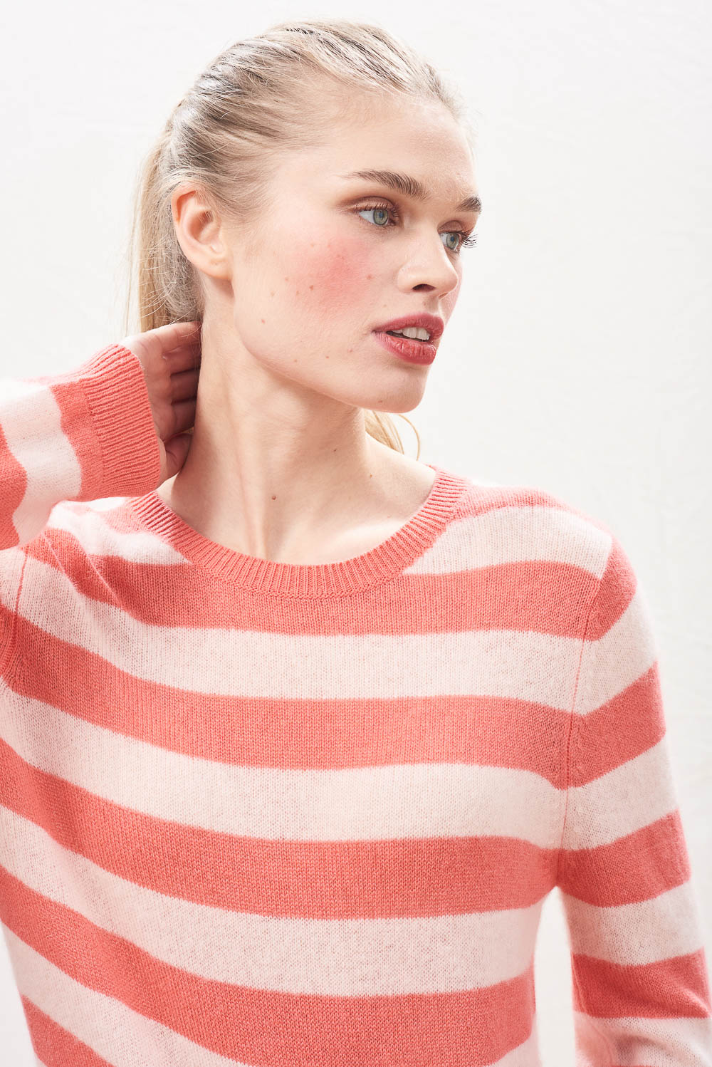 Stripe Cashmere Crew - Cerise/Powder Puff