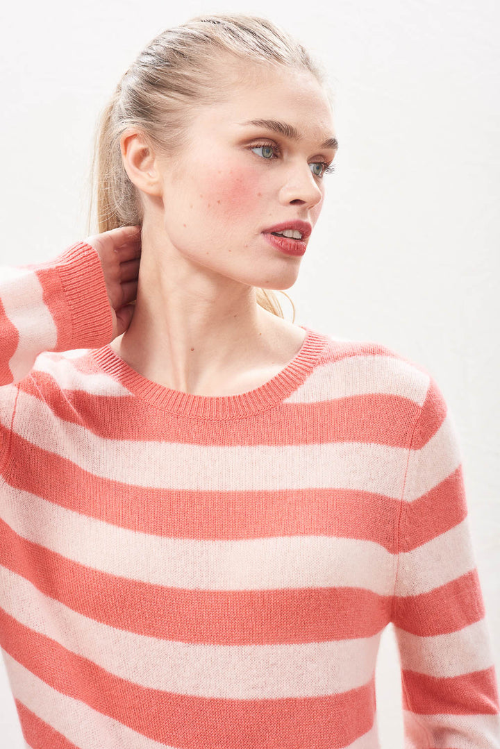 Stripe Cashmere Crew - Cerise/Powder Puff