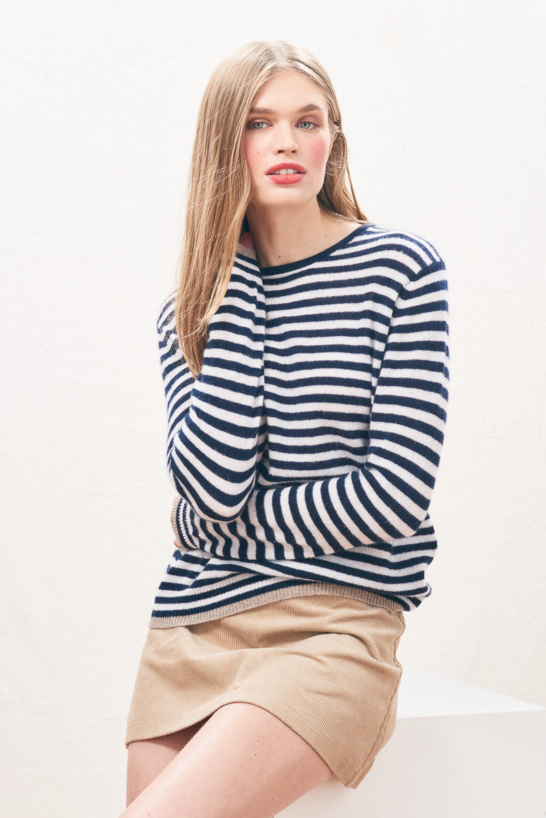 Tipped Little Stripe Cashmere Crew - New Navy/Lily/Lt Brown