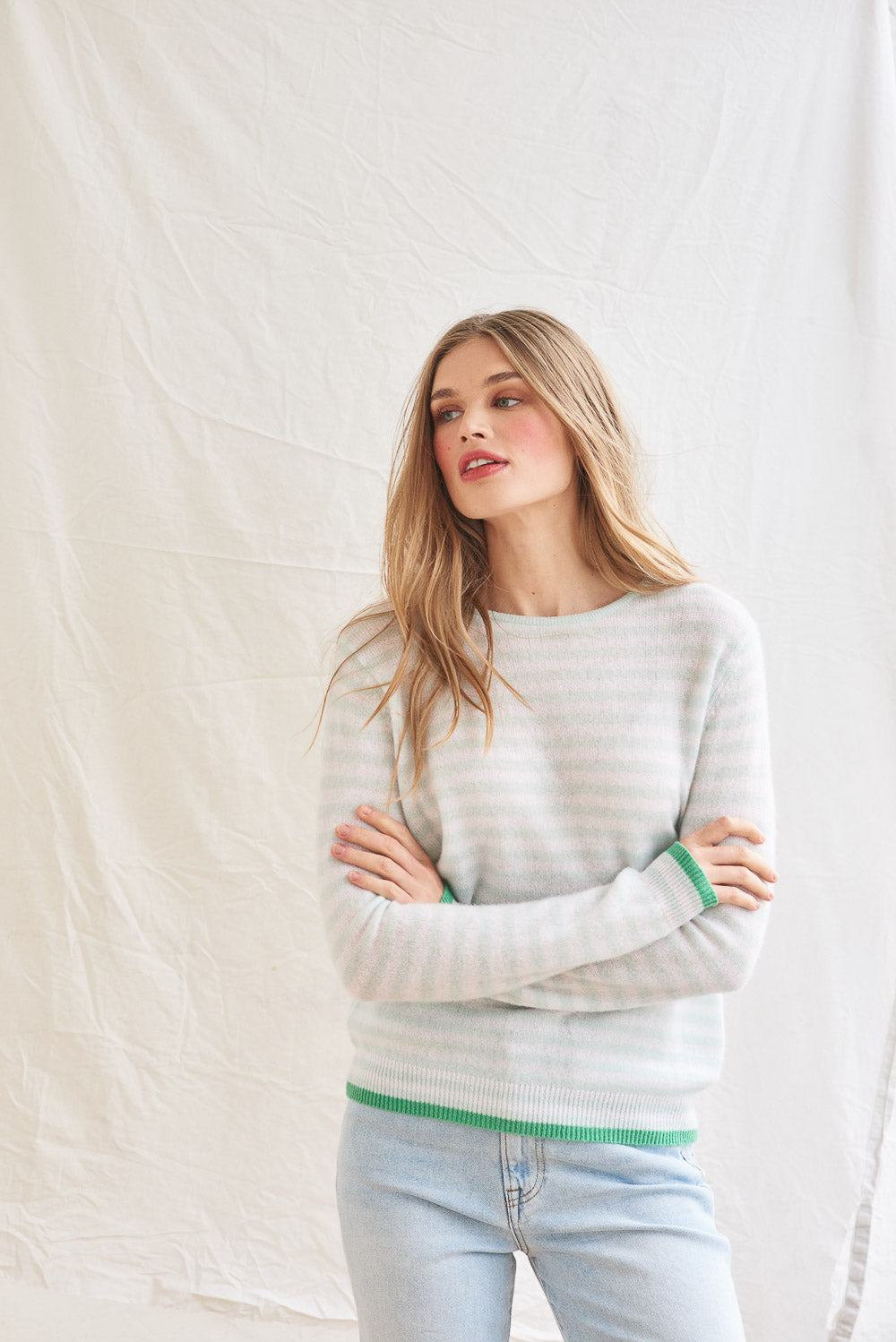 Tipped Little Stripe Cashmere Crew - Noor/Lily/Fresh Green
