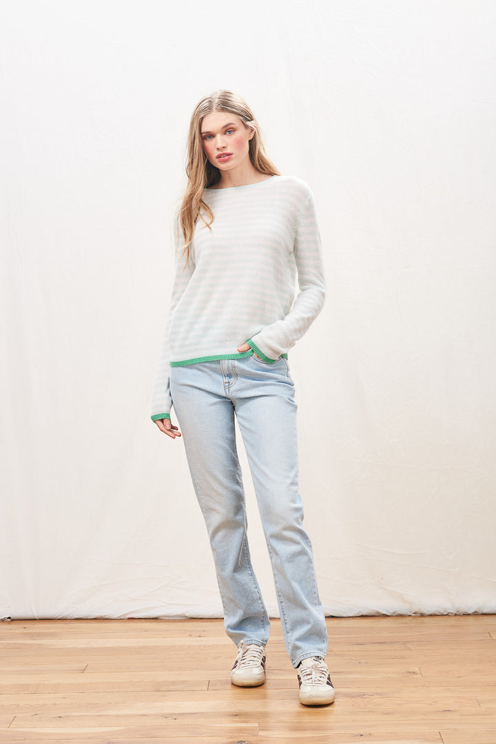 Tipped Little Stripe Cashmere Crew - Noor/Lily/Fresh Green