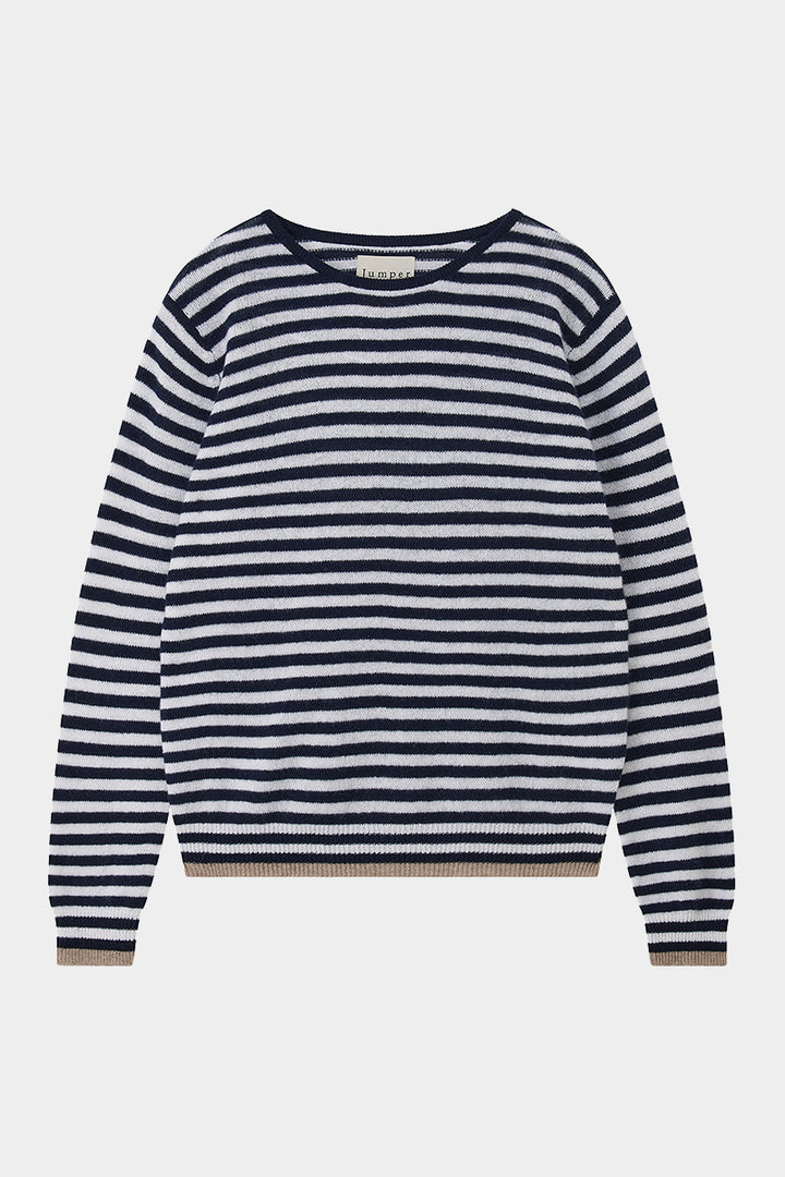 Tipped Little Stripe Cashmere Crew - New Navy/Lily/Lt Brown