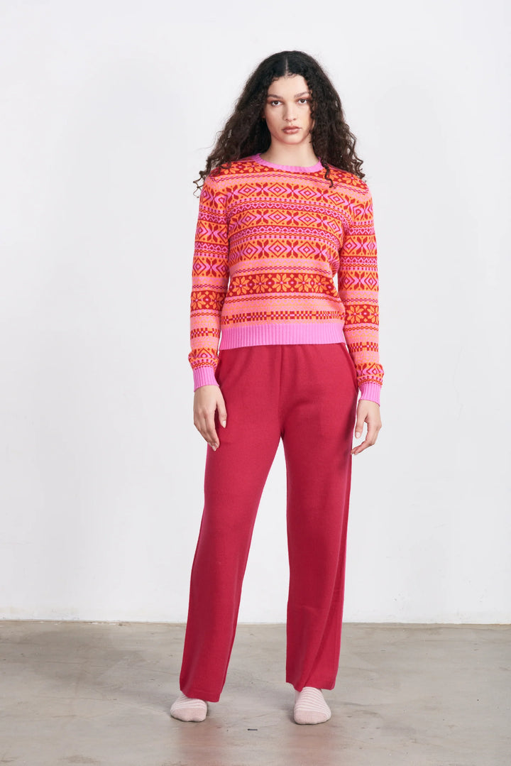 Tonal Fair Isle Cashmere Crew - Peony/Neon Orange/Red/Peony