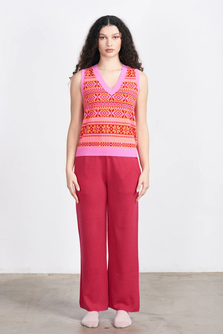 Tonal Fair Isle Cashmere Tank - Peony/Neon Orange/Red/Peony