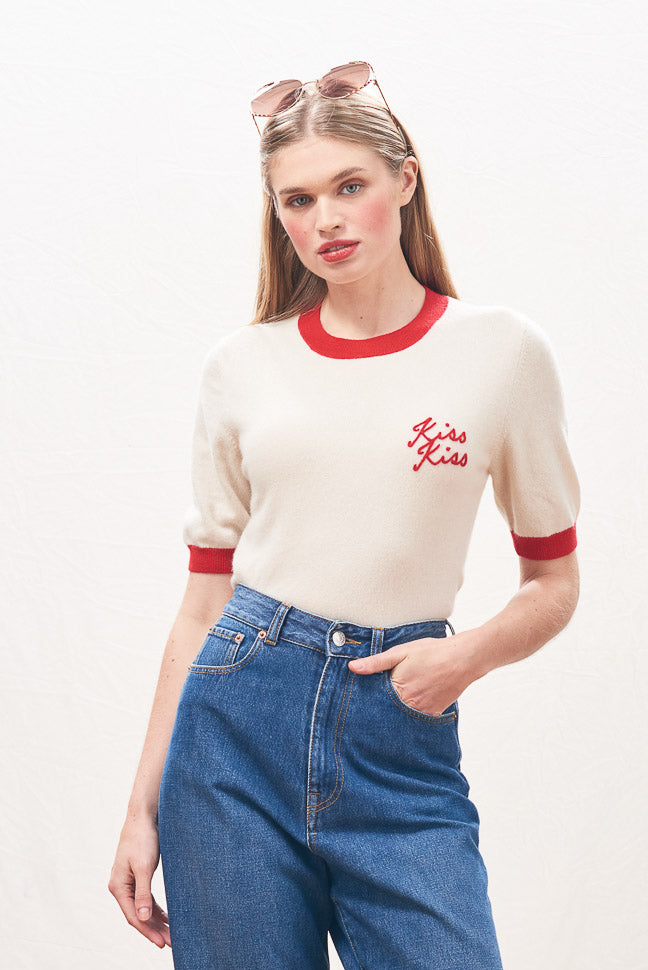 Kiss Kiss Ringer Cashmere T-Shirt - Jasmine/Rose