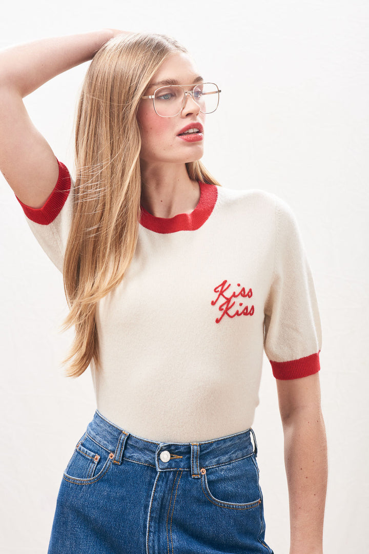 Kiss Kiss Ringer Cashmere T-Shirt - Jasmine/Rose
