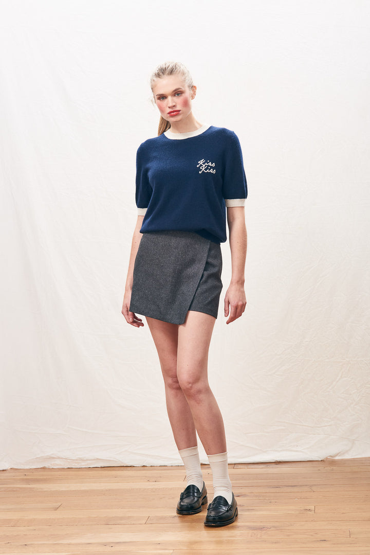 Kiss Kiss Ringer Cashmere T-Shirt - New Navy/Jasmine