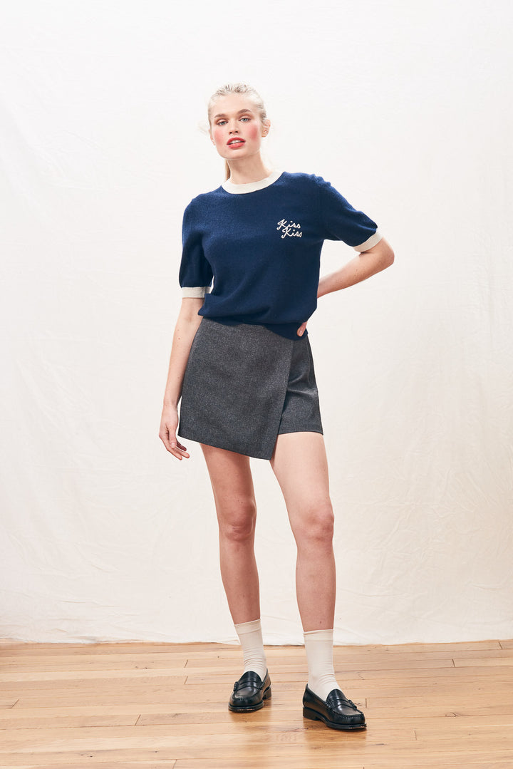 Kiss Kiss Ringer Cashmere T-Shirt - New Navy/Jasmine