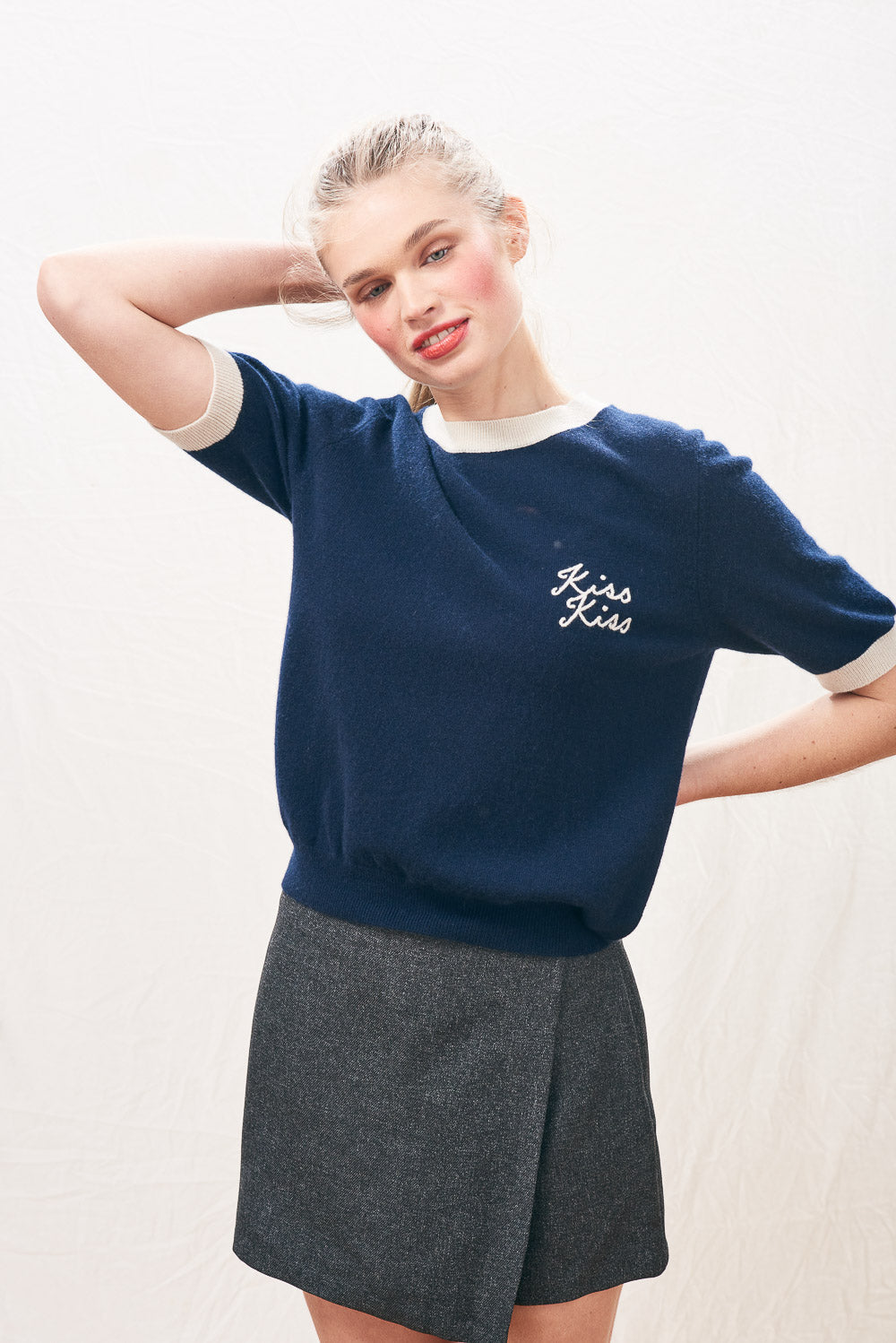 Kiss Kiss Ringer Cashmere T-Shirt - New Navy/Jasmine