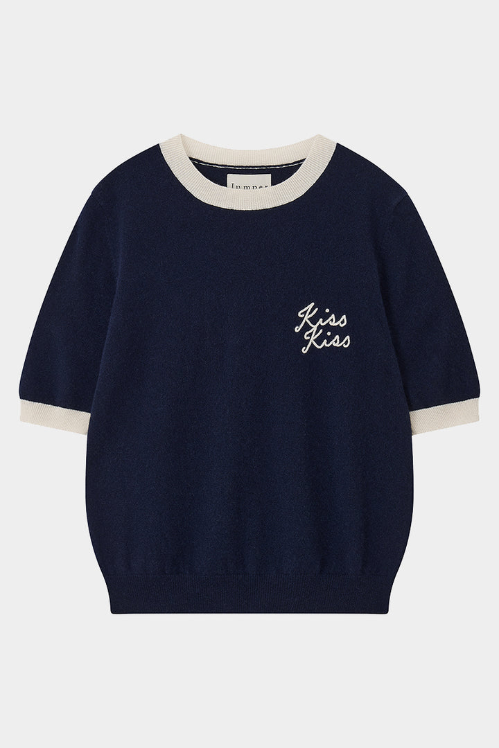Kiss Kiss Ringer Cashmere T-Shirt - New Navy/Jasmine