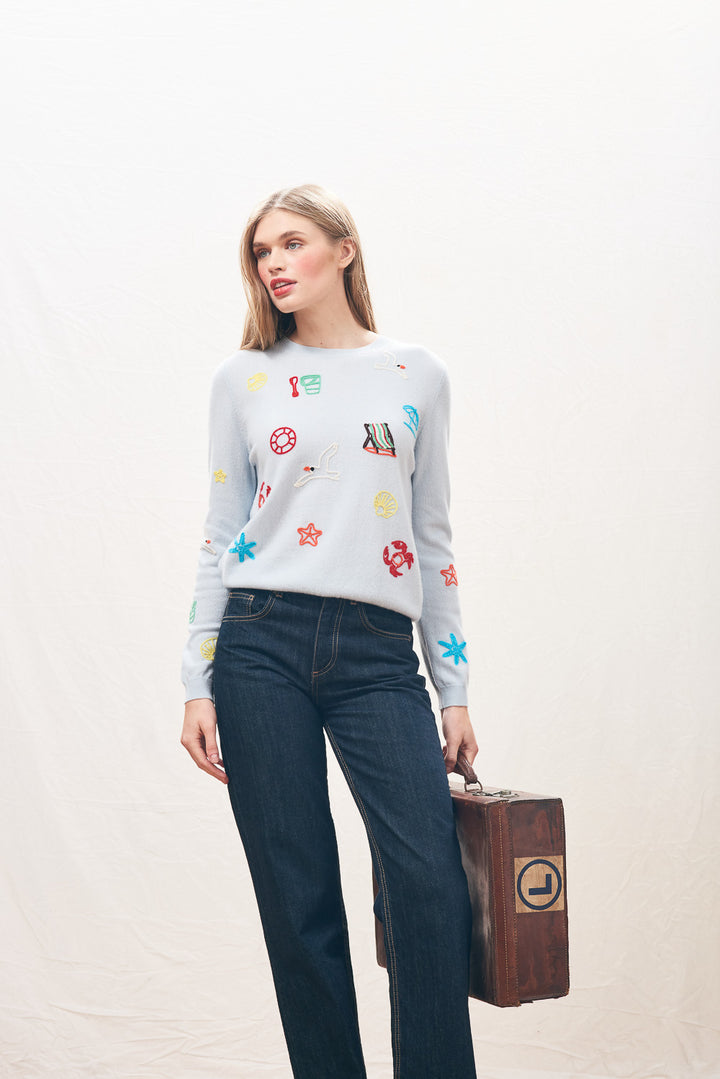 Seaside Tribute Cashmere Crew - Pale Blue