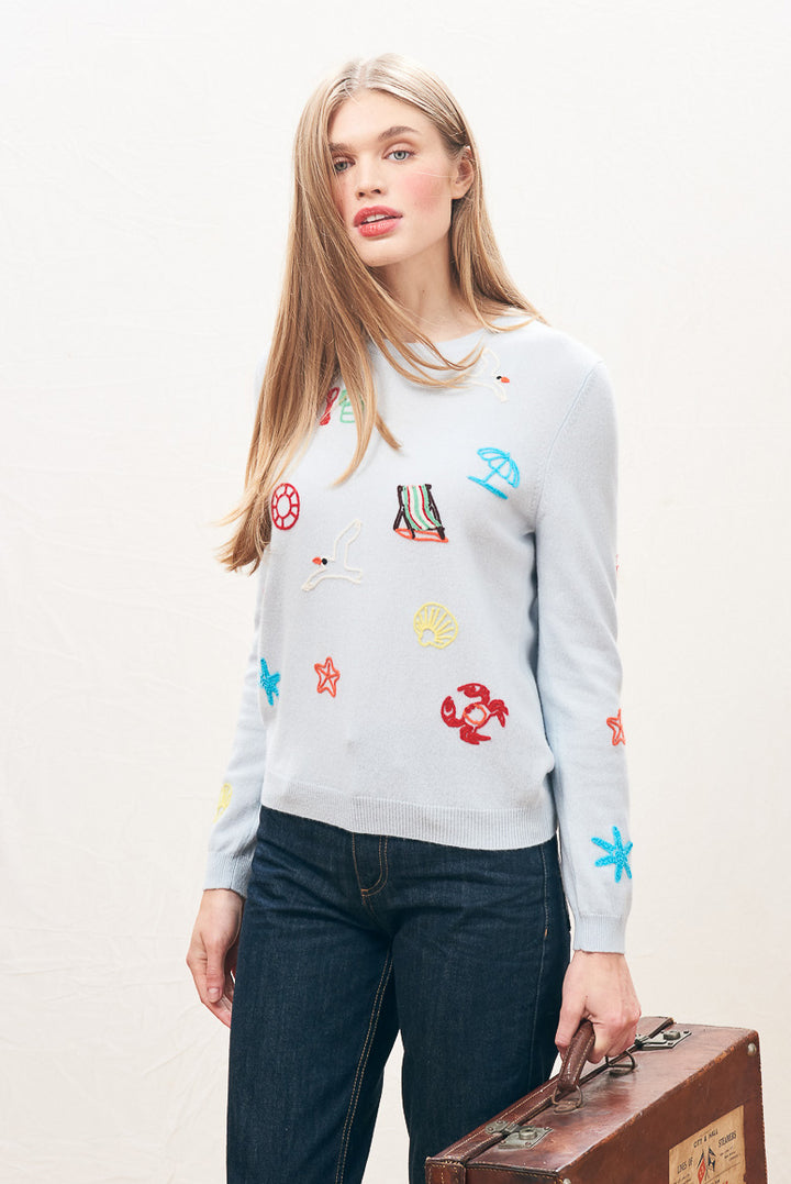 Seaside Tribute Cashmere Crew - Pale Blue