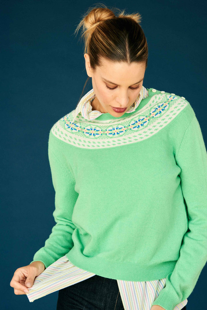 Yoke Fairisle Crew Cashmere - Emerald/Multi