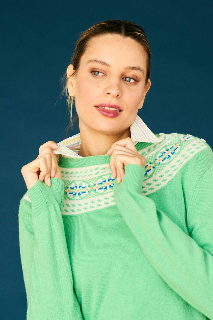 Yoke Fairisle Crew Cashmere - Emerald/Multi