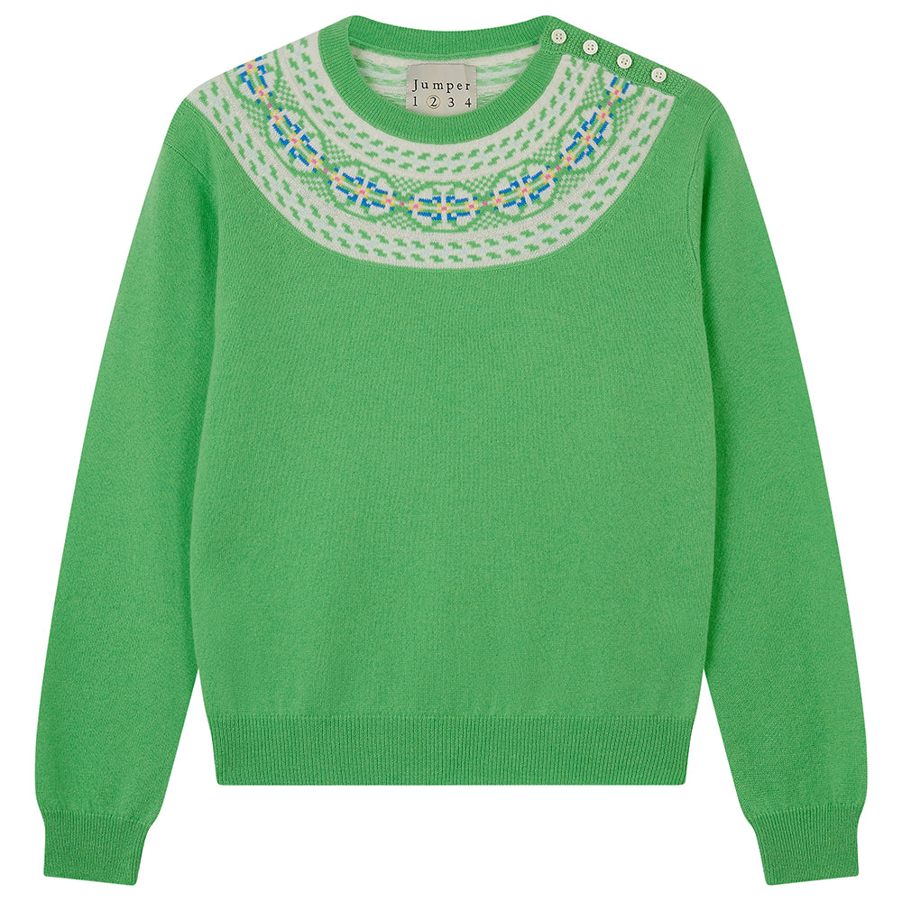 Yoke Fairisle Crew Cashmere - Emerald/Multi
