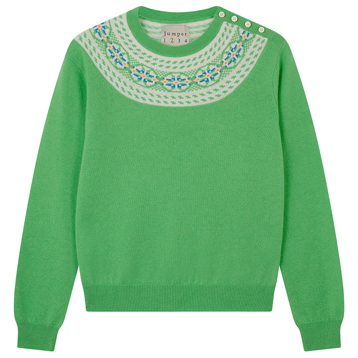 Yoke Fairisle Crew Cashmere - Emerald/Multi