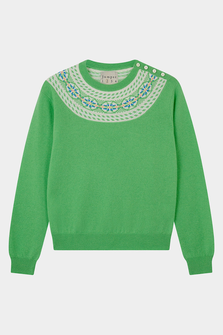 Yoke Fairisle Crew Cashmere - Emerald/Multi