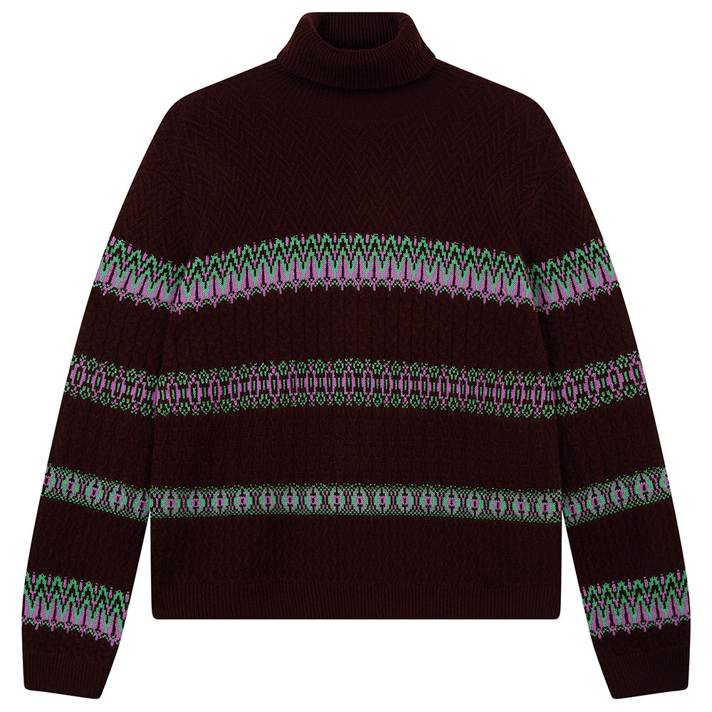 Snowflake Cable Roll Collar Cashmere - Hickory/Misty Purple/Emerald