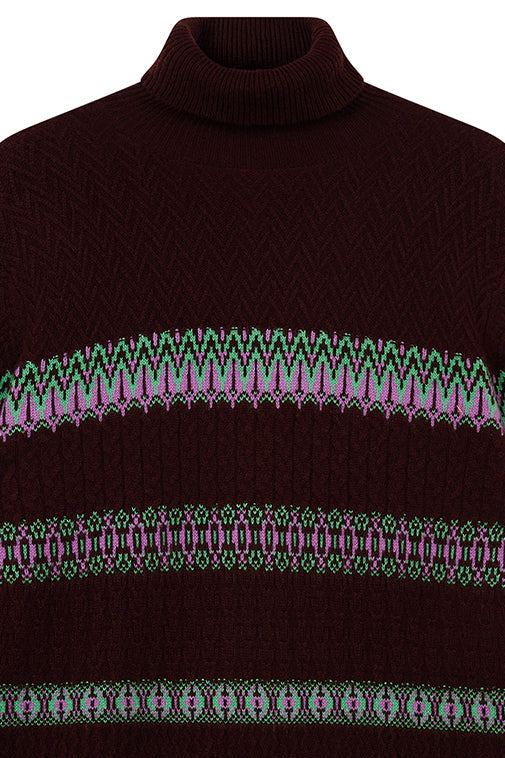 Snowflake Cable Roll Collar Cashmere - Hickory/Misty Purple/Emerald