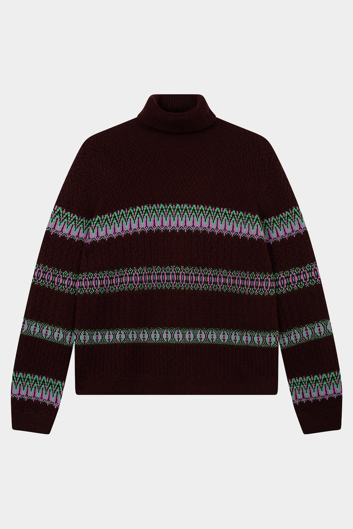 Snowflake Cable Roll Collar Cashmere - Hickory/Misty Purple/Emerald