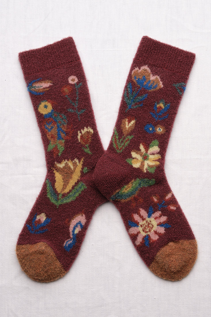 Flower Wool Sock - Burgundy