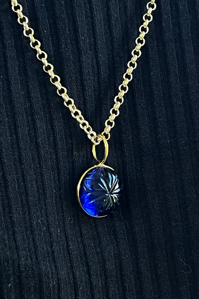 Carved Blue Glass Flower Pendant Necklace
