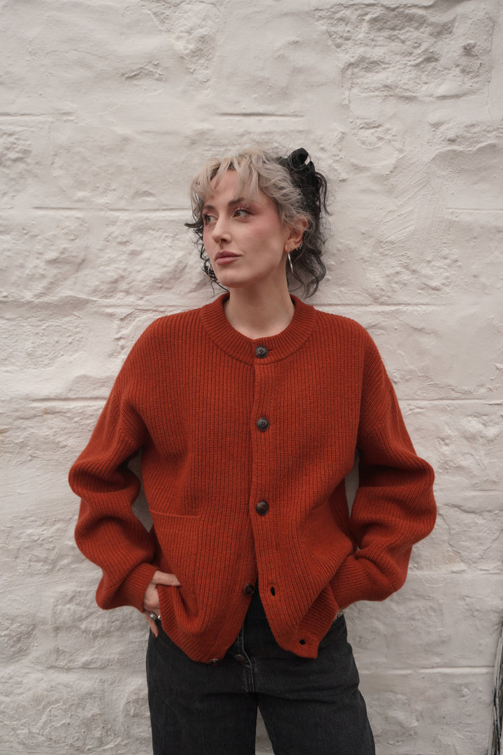 Heavy Wool Round Cardigan - Brick