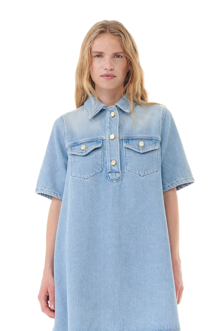 Blue Heavy Denim Midi Dress- Tint Wash