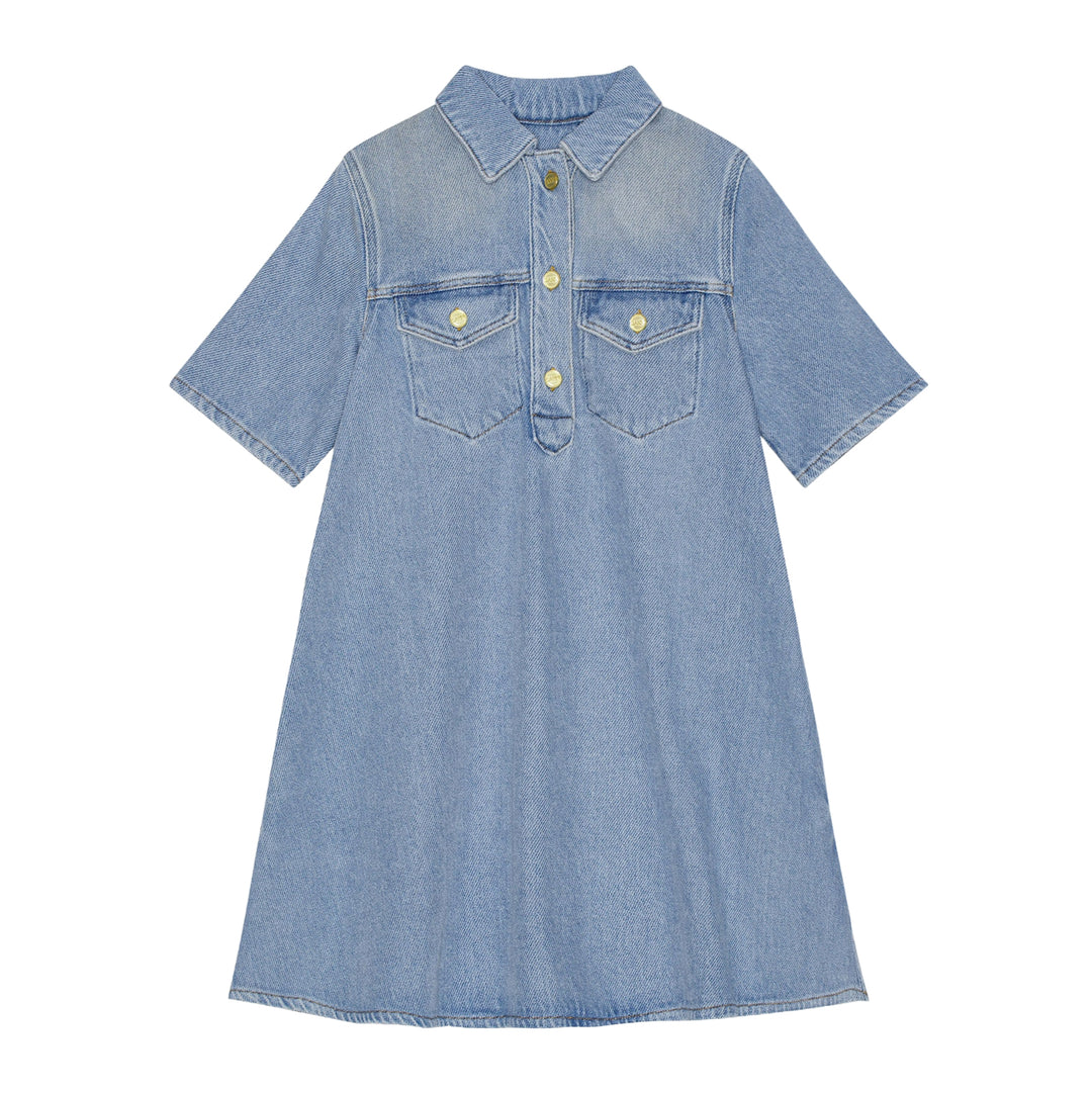 Blue Heavy Denim Midi Dress- Tint Wash