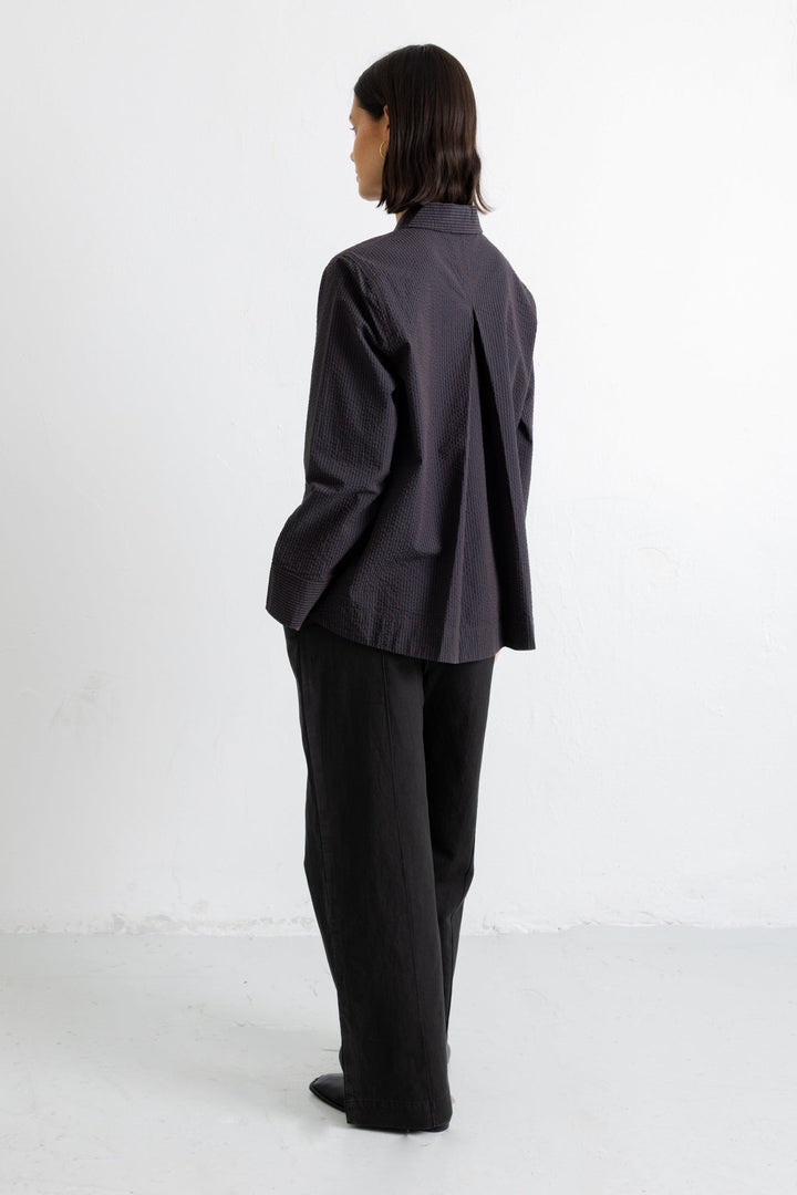 Pleated Shirt - Deep Navy Chestnut Seersucker