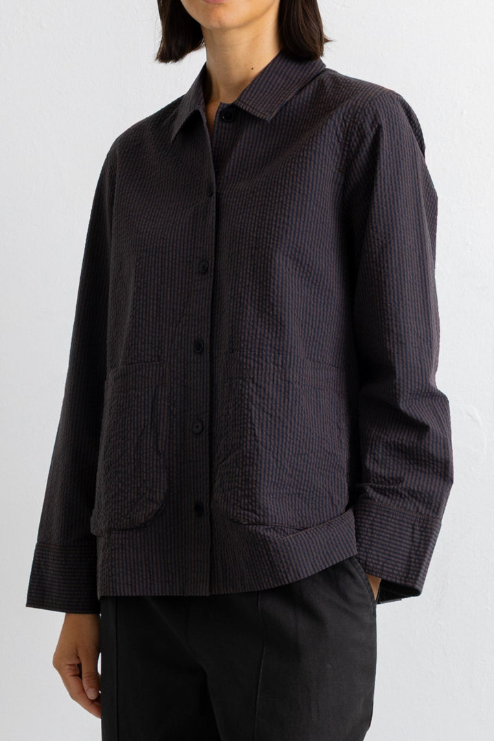 Pleated Shirt - Deep Navy Chestnut Seersucker