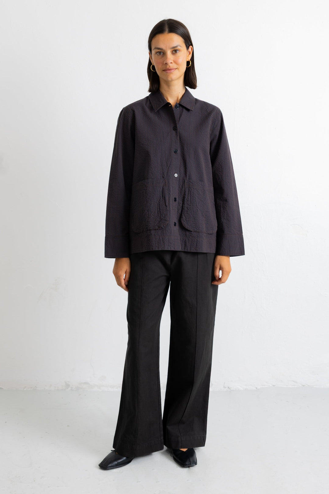 Pleated Shirt - Deep Navy Chestnut Seersucker