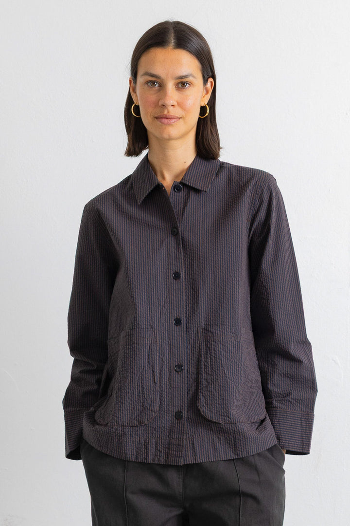 Pleated Shirt - Deep Navy Chestnut Seersucker