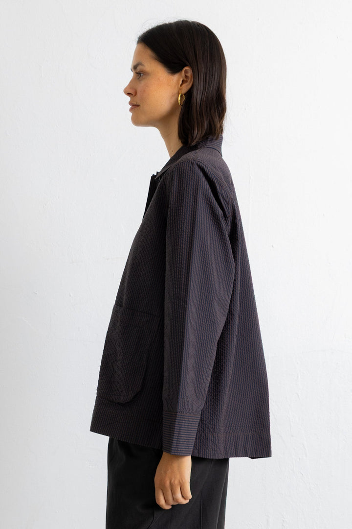 Pleated Shirt - Deep Navy Chestnut Seersucker