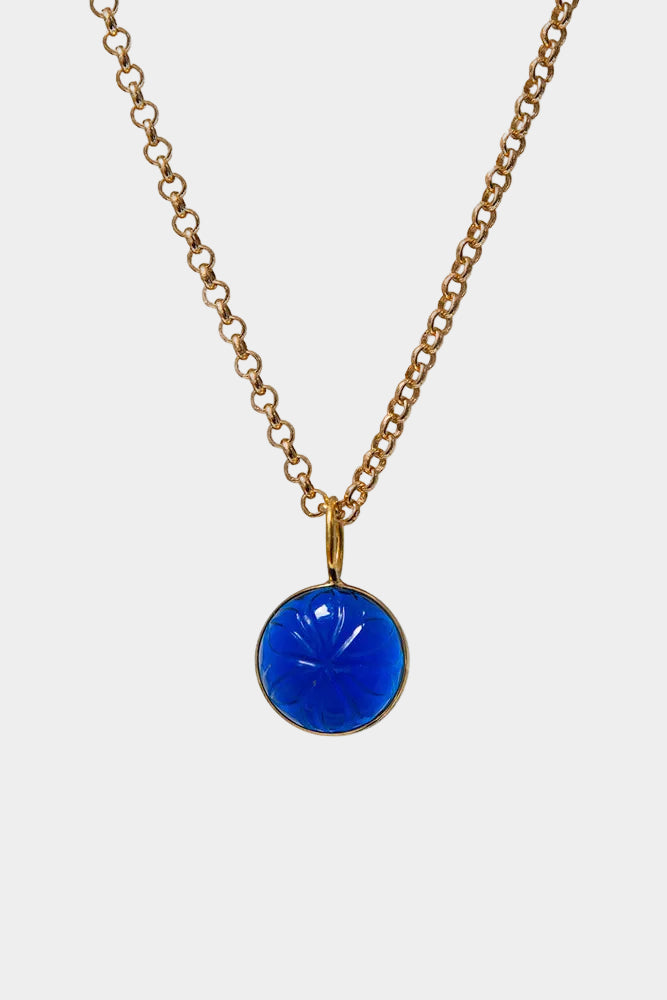 Carved Blue Glass Flower Pendant Necklace