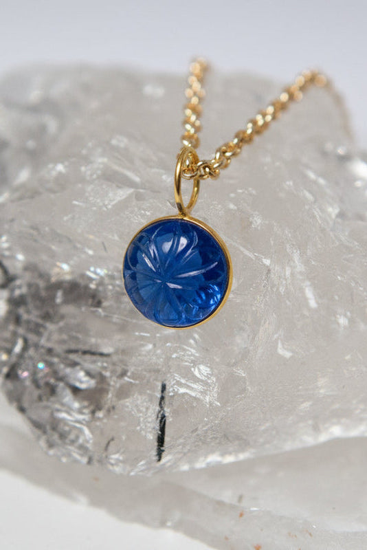 Carved Blue Glass Flower Pendant Necklace