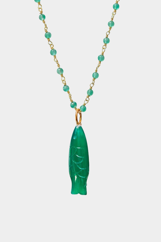 Hand Carved Green Onyx Fish Pendant Necklace