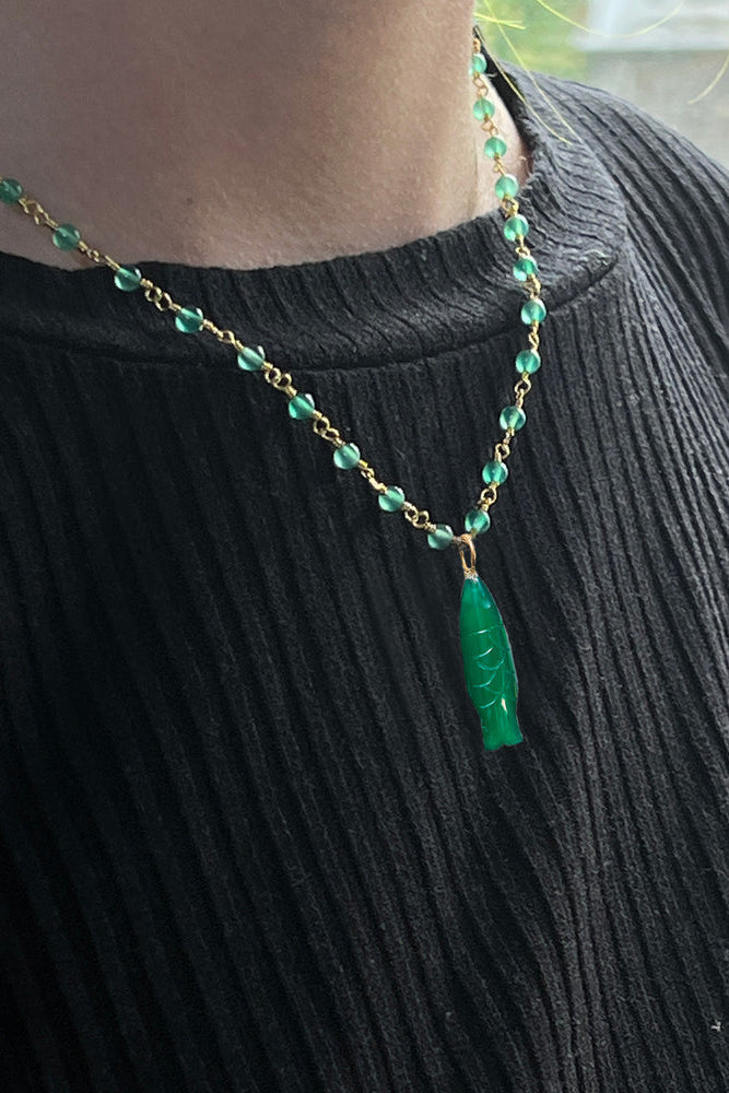 Hand Carved Green Onyx Fish Pendant Necklace
