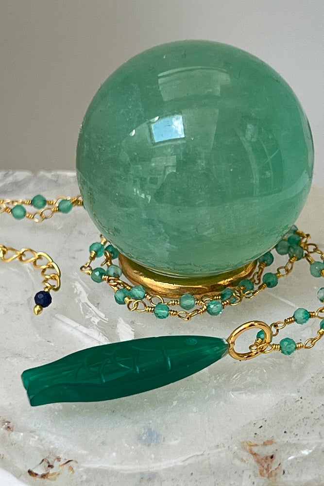 Hand Carved Green Onyx Fish Pendant Necklace