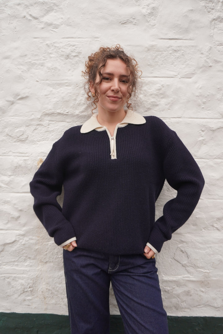 Contrast Collar Half Zip - Navy