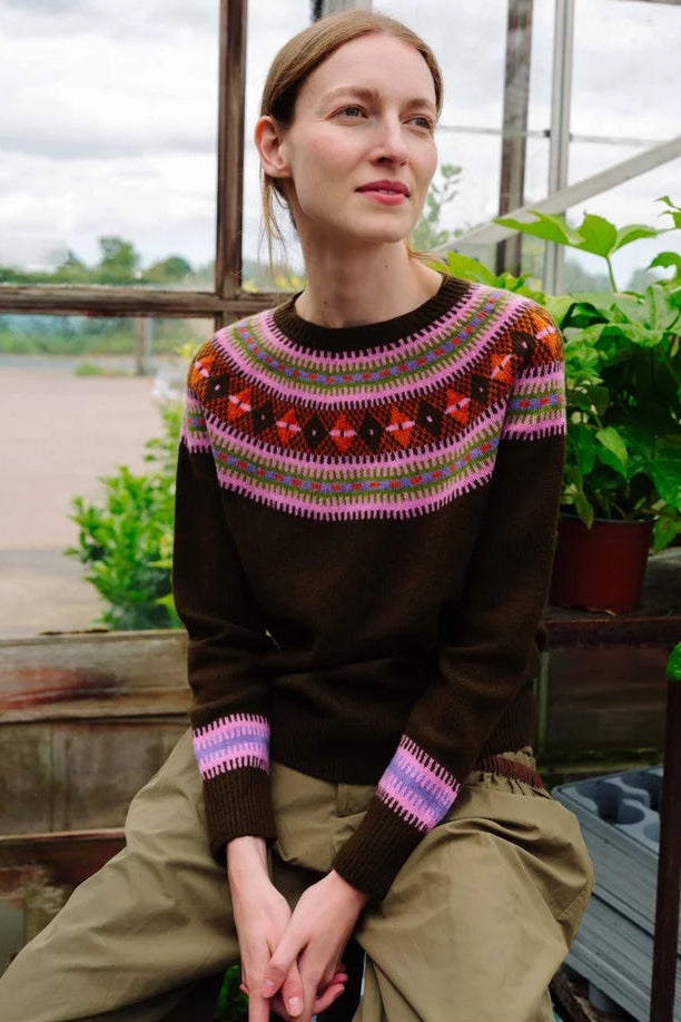 Fairisle Yoke Jumper in Khaki Brown
