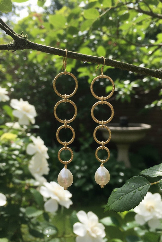 Hammered Hoop and Pearl Drop Earrings